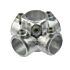 A silver galvanized cast iron 4-way pipe clamp with set screws for secure industrial pipe connections and structural framing.