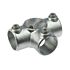 A silver hot-dip galvanized cast iron side outlet tee fitting with three openings and set screws for secure pipe connections.