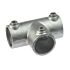 Silver-colored hot-dip galvanized cast iron T-clamp fitting with three set screws for securing industrial metal pipes and railings.