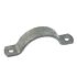 A gray, hot-dip galvanized metal half saddle bracket strip with a curved shape and two pre-drilled holes for mounting.