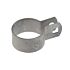 A silver galvanized circular metal clamp with a square bolt hole tab, used for securing fencing to round posts.