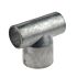 A silver-colored aluminum T-clamp connector designed to join two pipes at a ninety-degree angle for industrial or modular structural frames.