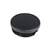 A close-up of a black round plastic end cap with a textured surface and ribbed base for secure pipe installation.