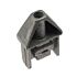 Cast metal safety end connector featuring a triangular top and a rectangular plug for horizontal box section railing tubes.