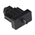 A black rectangular plastic end piece featuring a central metal spring-loaded pin for securing rectangular tube profiles.