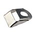 Small curved stainless steel corner reinforcement piece for mesh panel fencing with a rectangular opening and a circular screw hole.