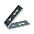 A zinc-plated metal 4-hole angle bracket bent at forty-five degrees for securing and mounting strut channel support systems.