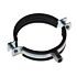 Zinc-plated metal pipe hanger clamp with black rubber insulation and a threaded nut for mounting.