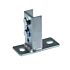 A zinc-plated metal saddle flange with a rectangular base and a vertical U-channel secured by two hex bolts.