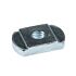 A small rectangular zinc-plated slide nut with a central threaded hole and rounded ends for profile rail attachment.