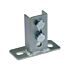 A square-shaped zinc-plated steel saddle flange with two hexagonal bolts and a flat mounting base for secure support.
