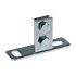 A zinc-plated metal support flange with a slotted flat base and a vertical bracket held by two hexagonal bolts.