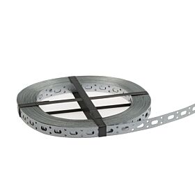 A rolled coil of 17mm pre-galvanized perforated metal strap featuring continuous holes for versatile suspension and mounting applications.