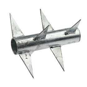 A single 230mm long, cylindrical hot-dip galvanized steel rotary spike with sharp triangular blades for security fence topping.