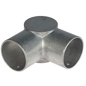 A silver metal 3-way external corner piece used for joining 60mm diameter tubes at ninety-degree angles.