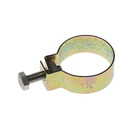 An electrolytic zinc-plated clamp ring with a hex bolt, marked with one and a quarter inch for pipe fastening.