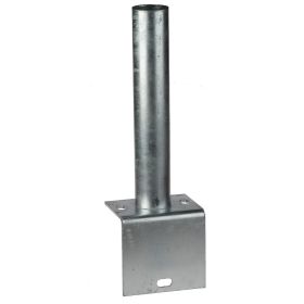 Steel L-shape base plate for Ø 60 mm tube with welded 3 mm upright and mounting surface with two pre-drilled holes. Hot-dip galvanised for fixing against concrete edges or wall surfaces.