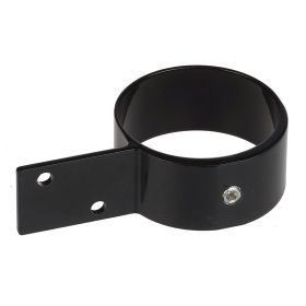 Aluminium wood fence bracket end model in RAL 9005 black, shown separately with mounting hardware. The photo highlights the bracket's design and lip, which fits between timber boards for secure attachment of the final fence panel to a steel post.