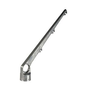 A durable silver aluminum barbed wire arm with a 45-degree angle and three notches for secure fencing wire attachment.
