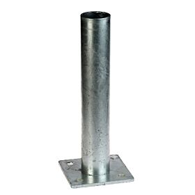Silver galvanised metal base plate featuring a central 60mm tube and four pre-drilled corner holes for secure surface mounting.