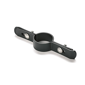 Black polyamide long lip bracket for 60mm double bar mounting including metal screws on a white background for secure installation.