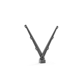 3D animation of the patented modular barbed wire bracket system for perimeter fences, showing straight arms, 45° and 60° angled arms, plus double Y-arms connected to interchangeable post caps for 60x60, 60x40 and ø60 posts. Lightweight aluminium parts wit
