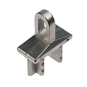A silver-colored aluminium end connector designed for securing box section tubes to horizontal rails with a vertical eyelet.