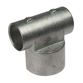 A silver aluminium T-clamp connector for joining pipes, featuring a durable metallic finish and two pre-drilled screw holes.