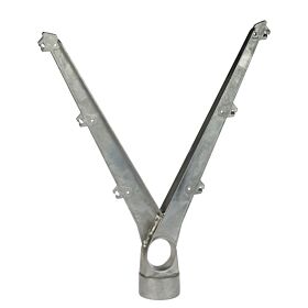 A silver V-shaped aluminum extension arm for holding three strands of barbed wire on each side of a fence.