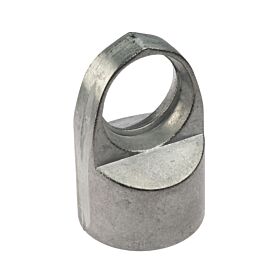 A silver aluminum through head fitting with a round top eyelet and cylindrical base for horizontal rail connections.