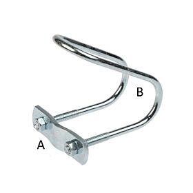 An angled electro-galvanized metal thread clamp with a U-bolt, backing plate, and two hex nuts, labeled with A and B.