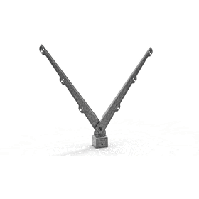 3D animation of the patented modular barbed wire bracket system for perimeter fences, showing straight arms, 45° and 60° angled arms, plus double Y-arms connected to interchangeable post caps for 60x60, 60x40 and ø60 posts. Lightweight aluminium parts wit