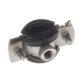 Stainless steel Bifix 1301 pipe clamp with black rubber lining and an M8 threaded nut for secure industrial pipe mounting.