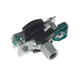 Heavy-duty metal pipe clamp with black EPDM rubber lining and a dual-threaded M8/M10 connection for secure mounting.