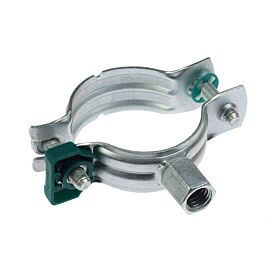 A circular galvanized steel Bifix G2 pipe clamp featuring green plastic locking mechanisms and a dual-threaded M8/10 mounting nut.