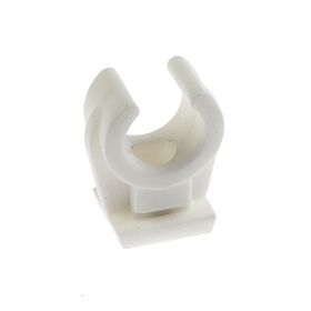 A white polypropylene pipe clip with a C-shaped holder and a square base for securing pipes or conduits to surfaces.
