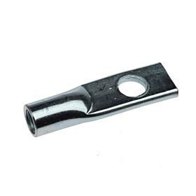 Zinc-plated BIS suspension eye with a threaded cylindrical socket and a flat plate containing a circular mounting hole.