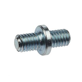 Close-up of a silver zinc-plated BIS threaded nipple with dual threaded ends and a central collar on white background.