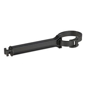 A black plastic clamping strip clip featuring a circular loop and a long rectangular body for industrial fastening applications.
