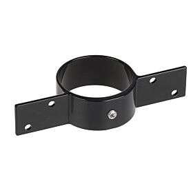 A black powder-coated aluminum intermediate bracket for mounting wooden fence panels to round poles with pre-drilled holes.