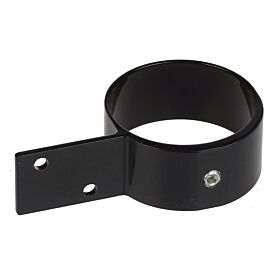 Close-up of a black aluminum end bracket designed for wood fences, featuring a circular ring and a flat mounting flange.