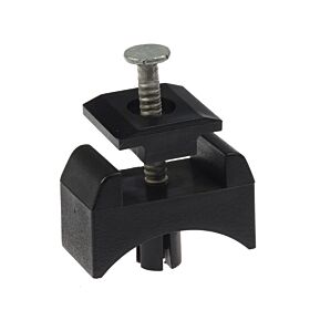 Close-up of a black mesh panel clamp with a central aluminium pin, specifically designed for 60mm round fence posts.