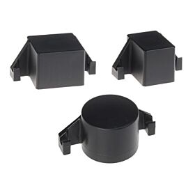 Set of three black nylon post caps in round and rectangular shapes with DSM hooks for external post fitting.