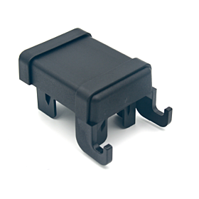 A black plastic cap for a 60x40mm post, featuring integrated DSM hooks for secure external attachment.