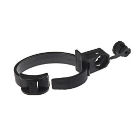 A black plastic clamping band clip with a 60mm diameter, designed for securing pipes and tubes to flat surfaces.