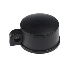 Durable black plastic round post cap with a built-in eyelet for attaching tension wires on external fence posts.
