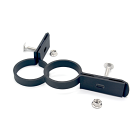 Two black polyamide long lip brackets with silver mounting bolts and nuts for 60mm double rod angle connections.