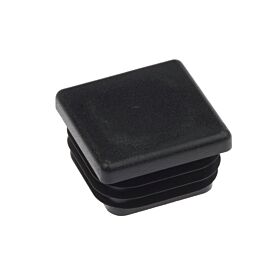 A black square plastic cap featuring a ribbed base for secure internal insertion into hollow square metal posts or tubes.