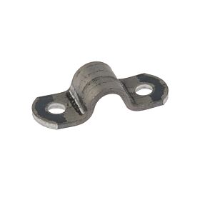 A black metal saddle bracket strip with a U-shaped bend and two pre-drilled holes for secure mounting on flat surfaces.
