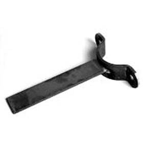 Black untreated steel half-shell tube clamp with a flat mounting strap and a curved semi-circular bracket for securing pipes.